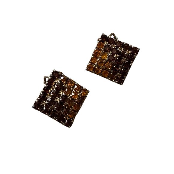 Vintage Dual Orange Brown Rhinestone Clip On Earrings - Picture 3 of 5